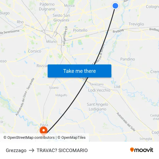 Grezzago to Travacò Siccomario map