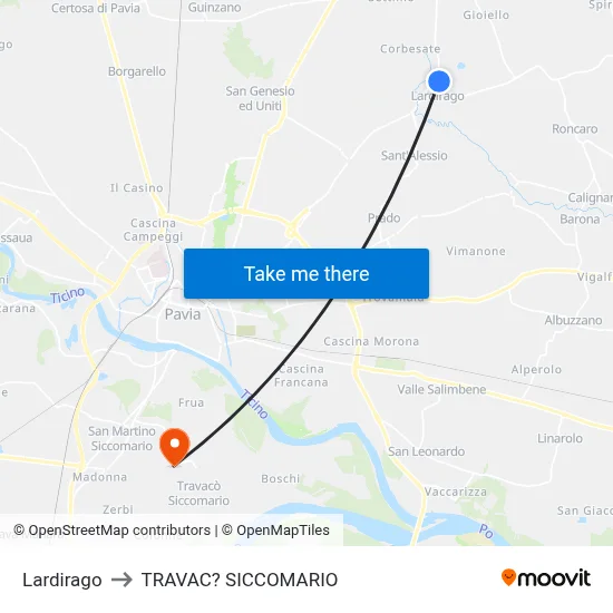 Lardirago to Travacò Siccomario map