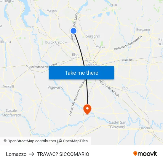 Lomazzo to Travacò Siccomario map