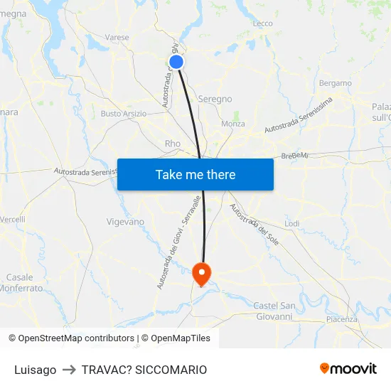 Luisago to Travacò Siccomario map