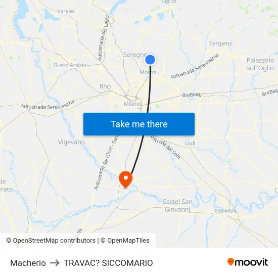 Macherio to Travacò Siccomario map