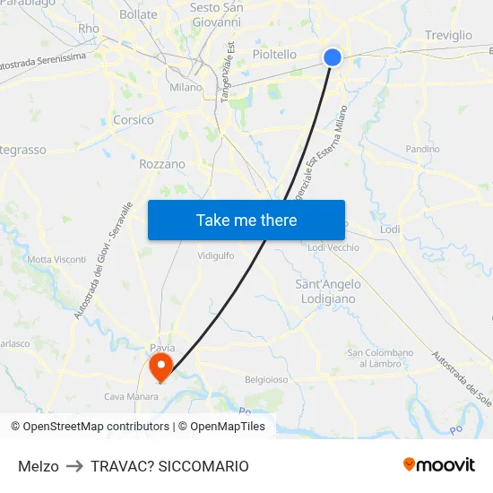 Melzo to Travacò Siccomario map