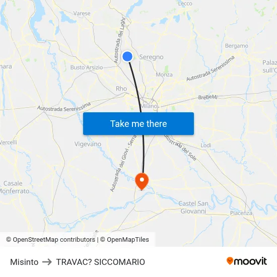 Misinto to Travacò Siccomario map