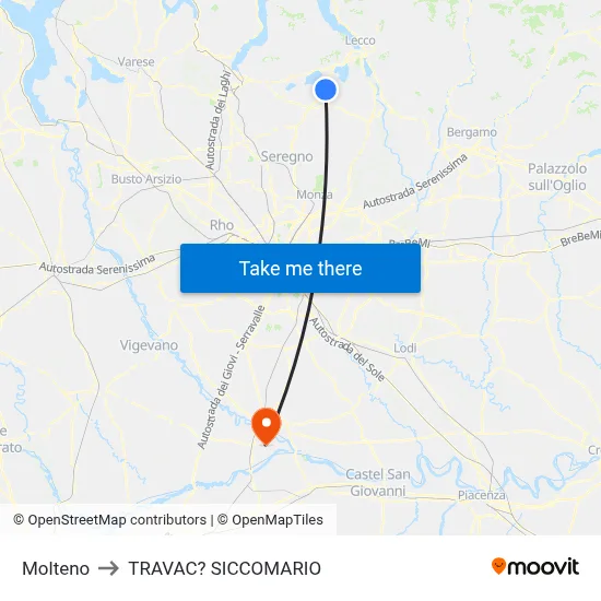 Molteno to Travacò Siccomario map