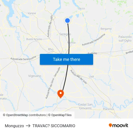 Monguzzo to Travacò Siccomario map