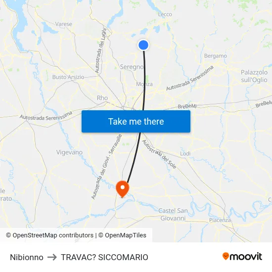 Nibionno to Travacò Siccomario map