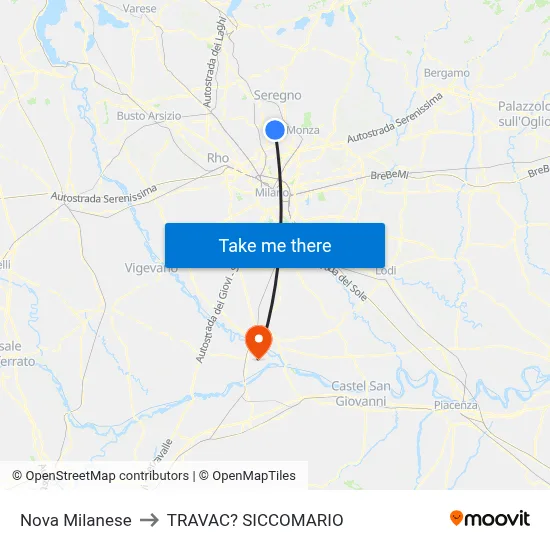 Nova Milanese to Travacò Siccomario map