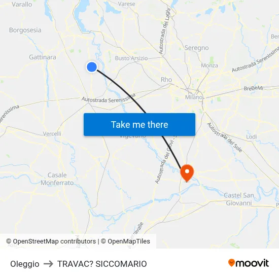 Oleggio to Travacò Siccomario map