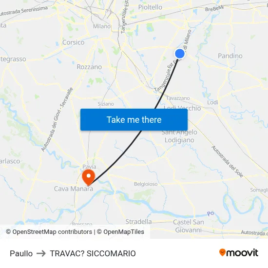 Paullo to Travacò Siccomario map