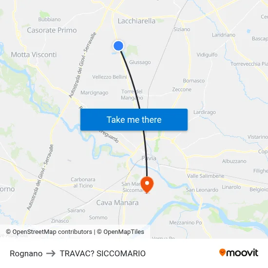 Rognano to Travacò Siccomario map