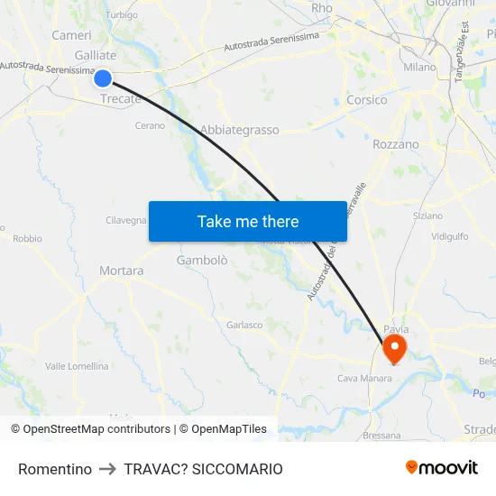 Romentino to Travacò Siccomario map