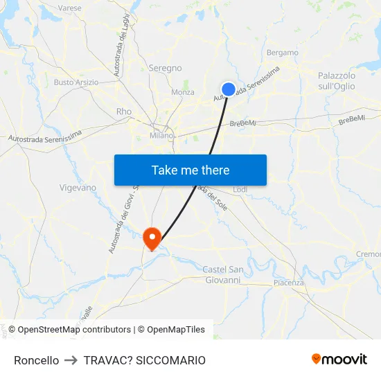 Roncello to Travacò Siccomario map