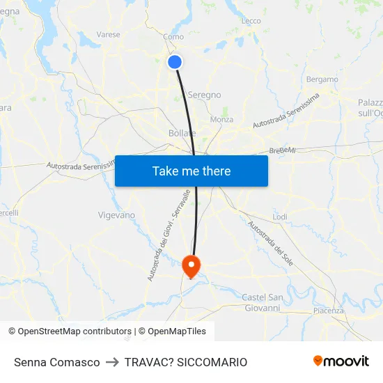 Senna Comasco to Travacò Siccomario map