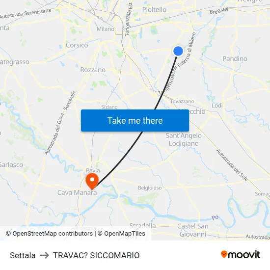 Settala to Travacò Siccomario map