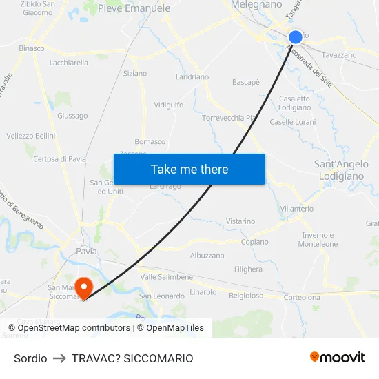 Sordio to Travacò Siccomario map