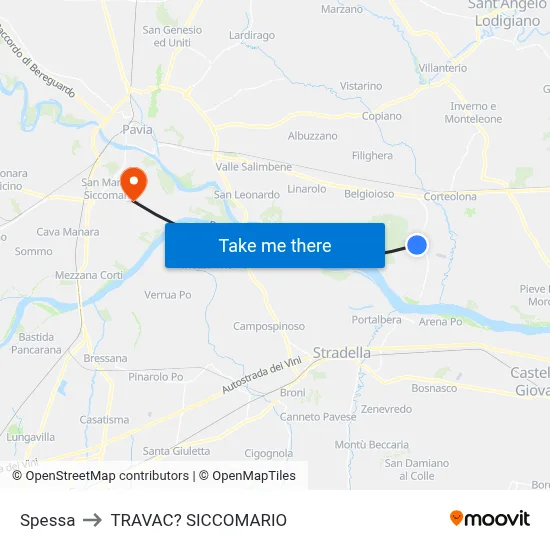 Spessa to Travacò Siccomario map