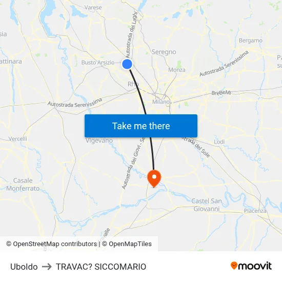 Uboldo to Travacò Siccomario map