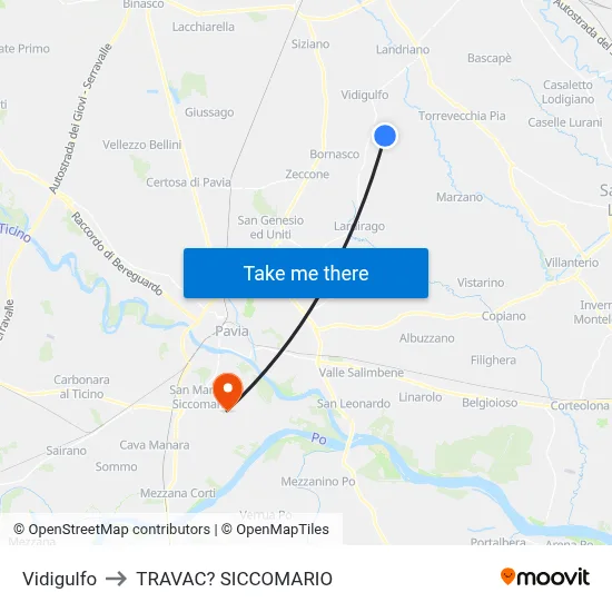 Vidigulfo to Travacò Siccomario map