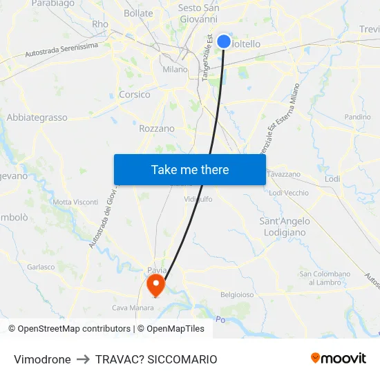 Vimodrone to Travacò Siccomario map