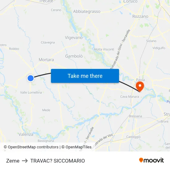 Zeme to Travacò Siccomario map