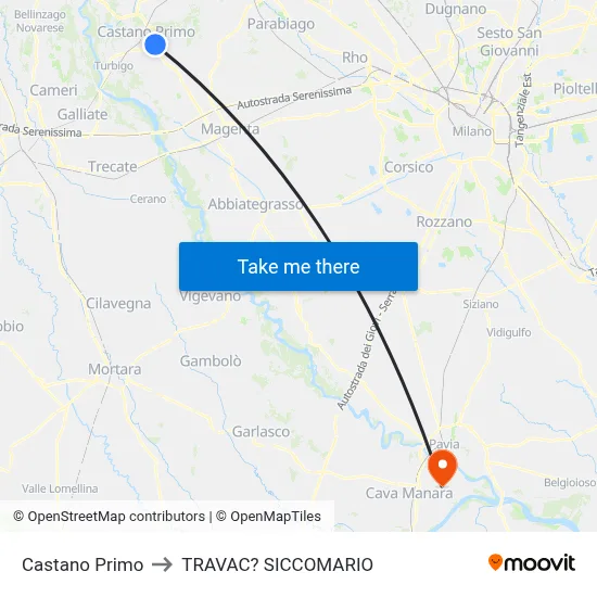 Castano Primo to Travacò Siccomario map
