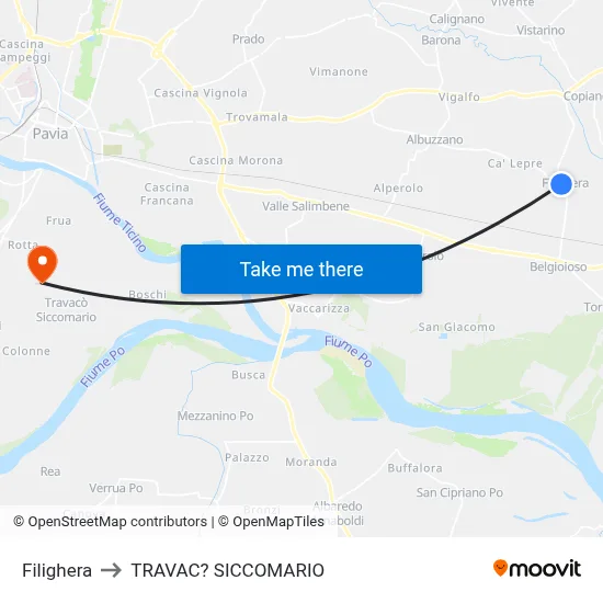 Filighera to Travacò Siccomario map