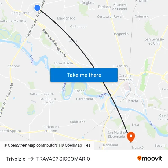 Trivolzio to Travacò Siccomario map