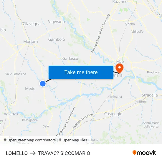 Lomello to Travacò Siccomario map