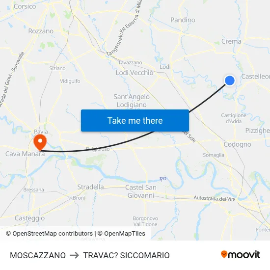 Moscazzano to Travacò Siccomario map