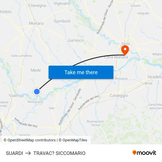 Suardi to Travacò Siccomario map