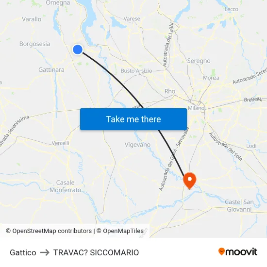 Gattico to Travacò Siccomario map