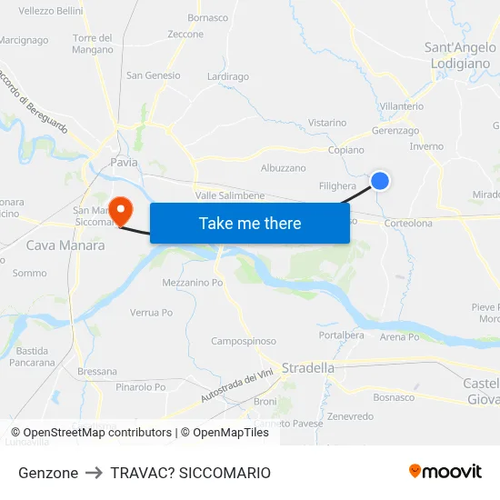 Genzone to Travacò Siccomario map