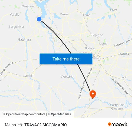 Meina to Travacò Siccomario map
