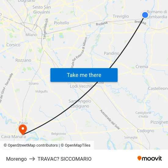 Morengo to Travacò Siccomario map