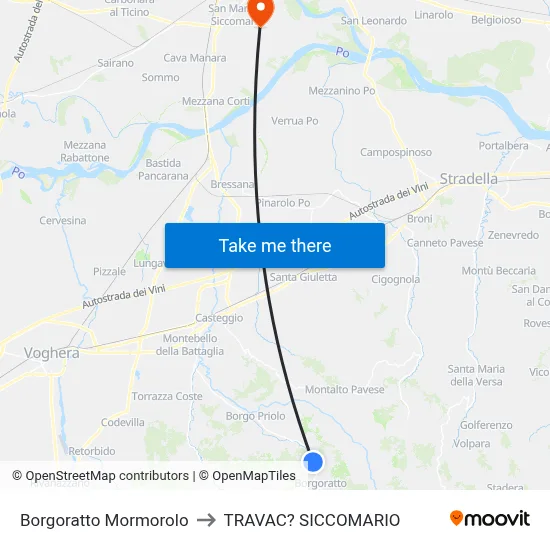 Borgoratto Mormorolo to Travacò Siccomario map