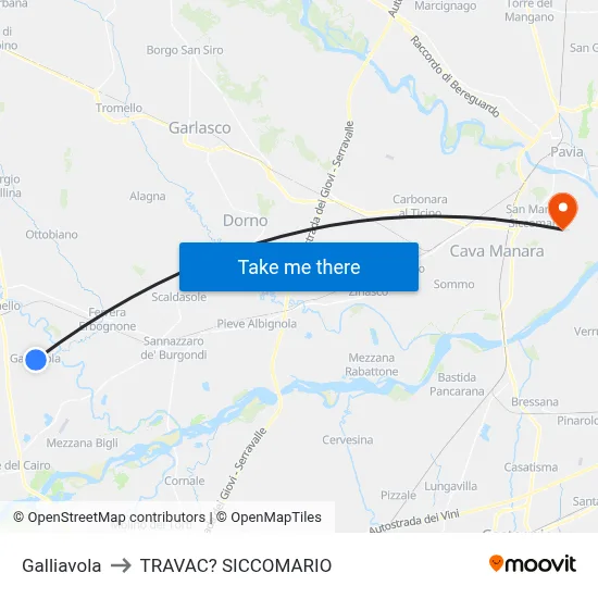 Galliavola to Travacò Siccomario map