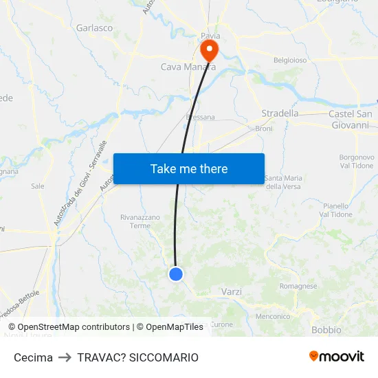 Cecima to Travacò Siccomario map