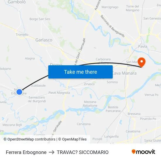 Ferrera Erbognone to Travacò Siccomario map
