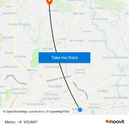Melzo to Vigano map
