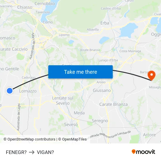 Fenegro to Vigano map