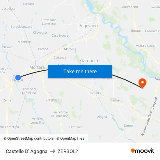 Castello D' Agogna to Zerbol map