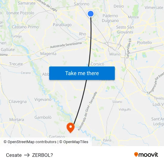 Cesate to Zerbol map