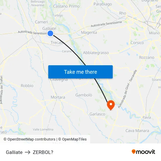 Galliate to Zerbol map