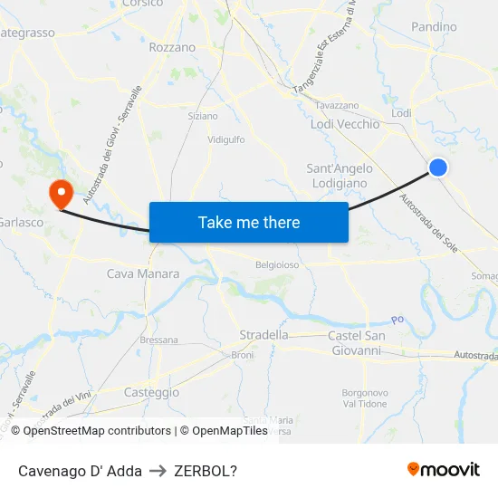 Cavenago D' Adda to Zerbol map