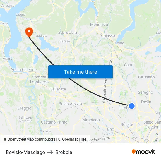 Bovisio-Masciago to Brebbia map