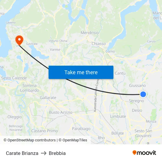 Carate Brianza to Brebbia map