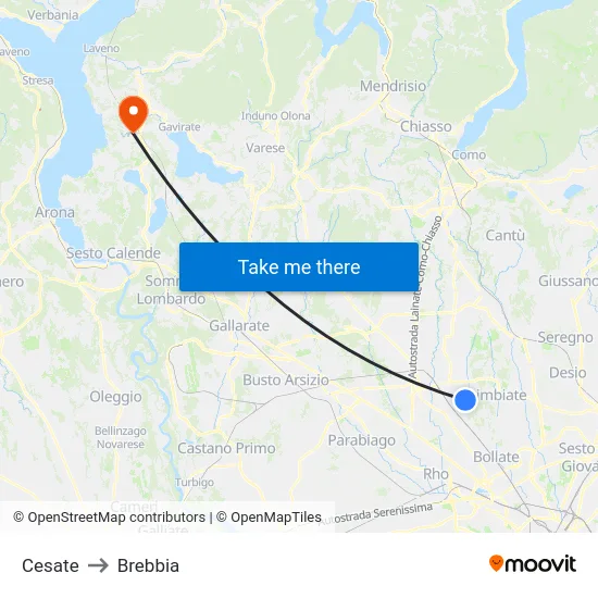 Cesate to Brebbia map