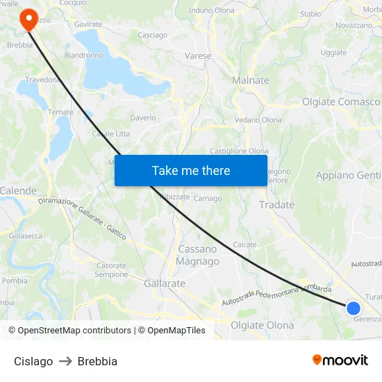 Cislago to Brebbia map