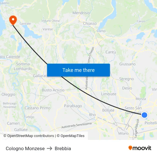 Cologno Monzese to Brebbia map