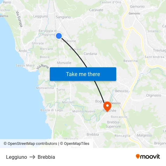 Leggiuno to Brebbia map